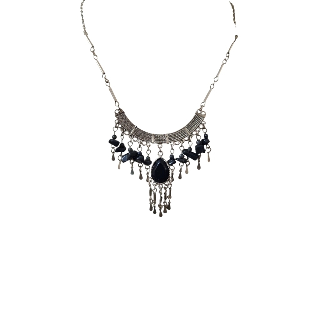 Vintage Silver & Black Soapstone Fringe Necklace